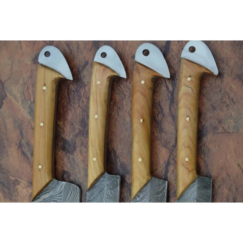 Handmade Damascus Kitchen Knife Set of 4 with Natural Wood Handles, Full Tang Chef, Cleaver, Slicing and Utility Knives, Forged Damascus Steel Culinary Collection JW SteelCrafts