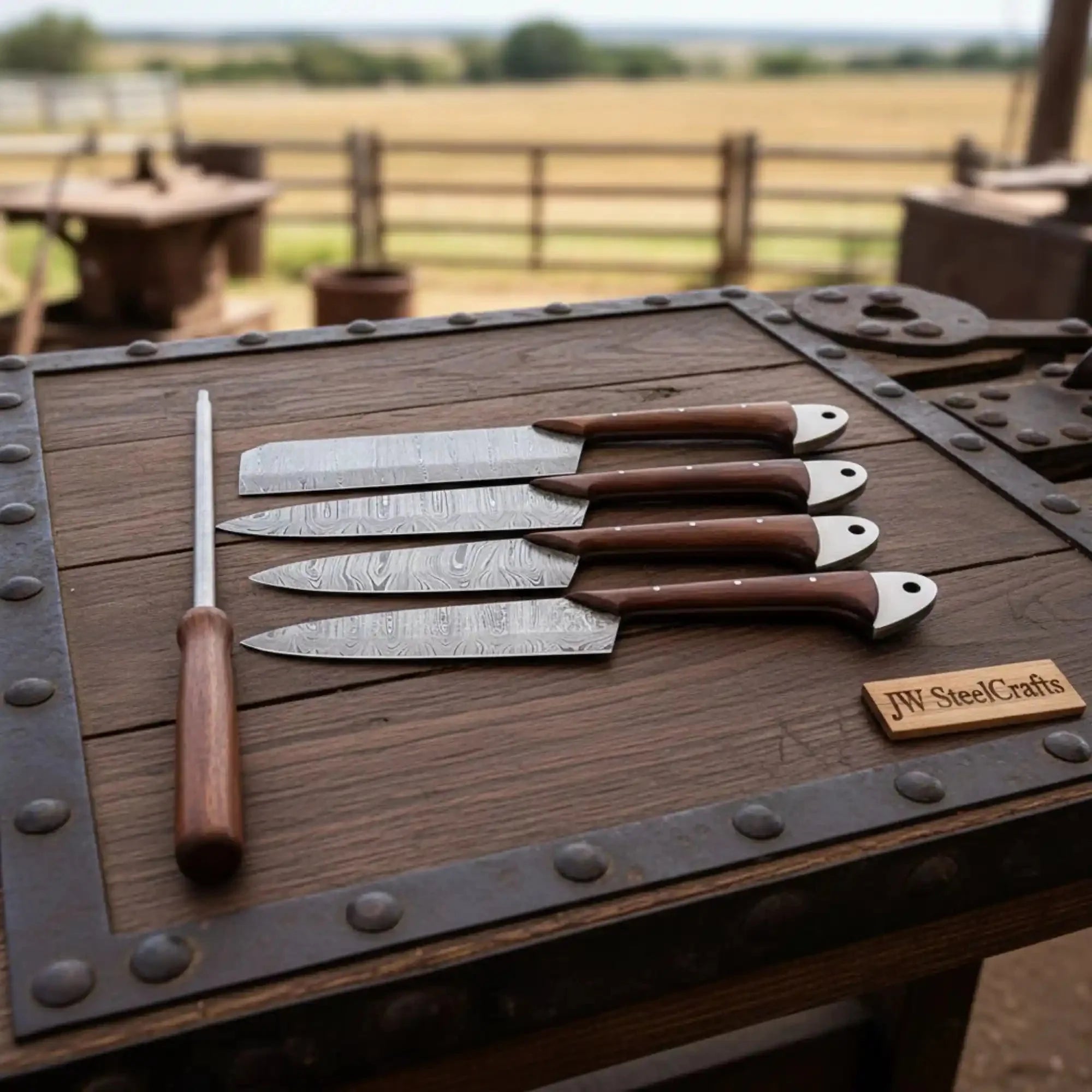 4-Piece Handcrafted Damascus Kitchen Knife Set with Rosewood Handles, Twisted Pattern, Leather Roll
