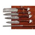 4-Piece Handcrafted Damascus Kitchen Knife Set with Rosewood Handles, Twisted Pattern, Leather Roll