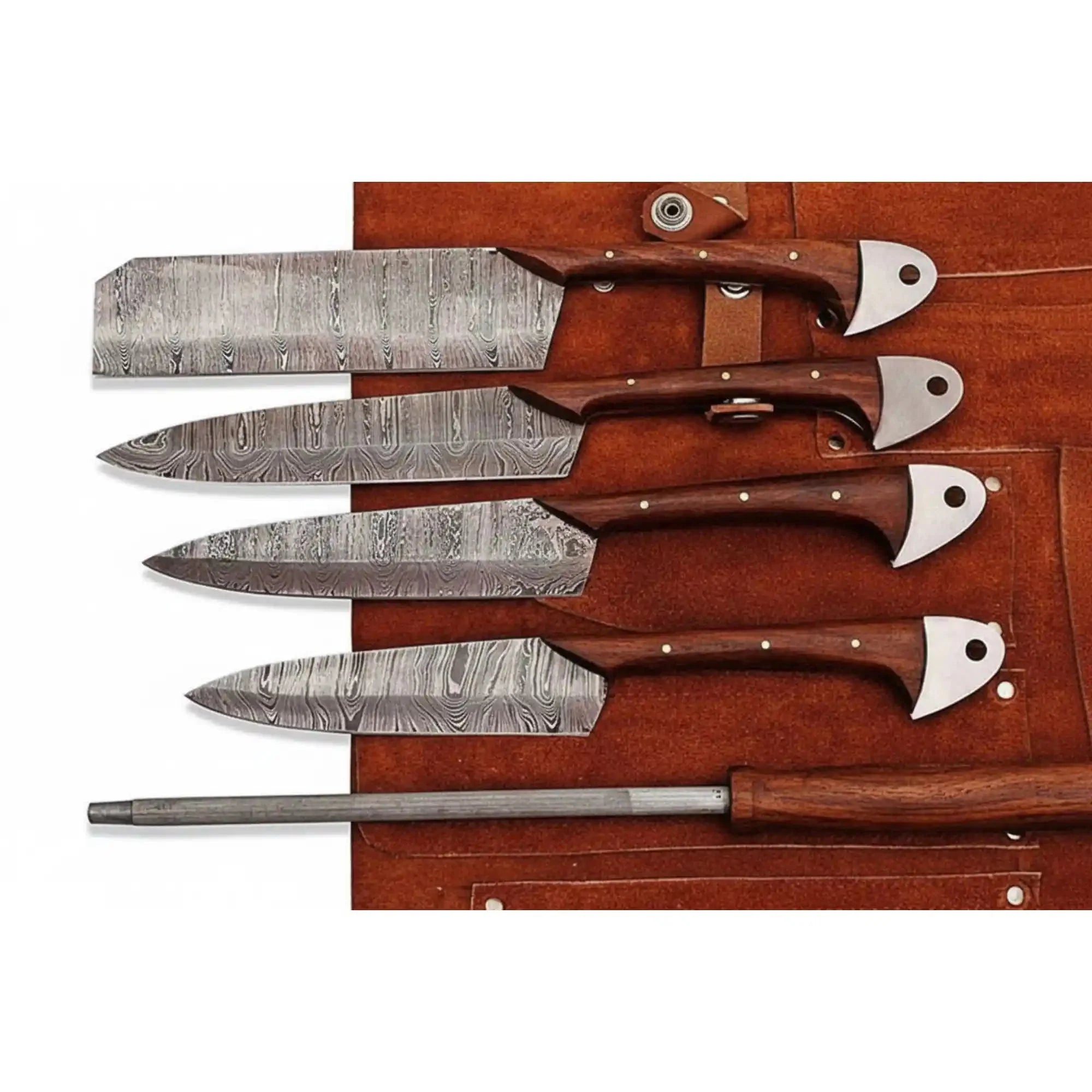4-Piece Handcrafted Damascus Kitchen Knife Set with Rosewood Handles, Twisted Pattern, Leather Roll