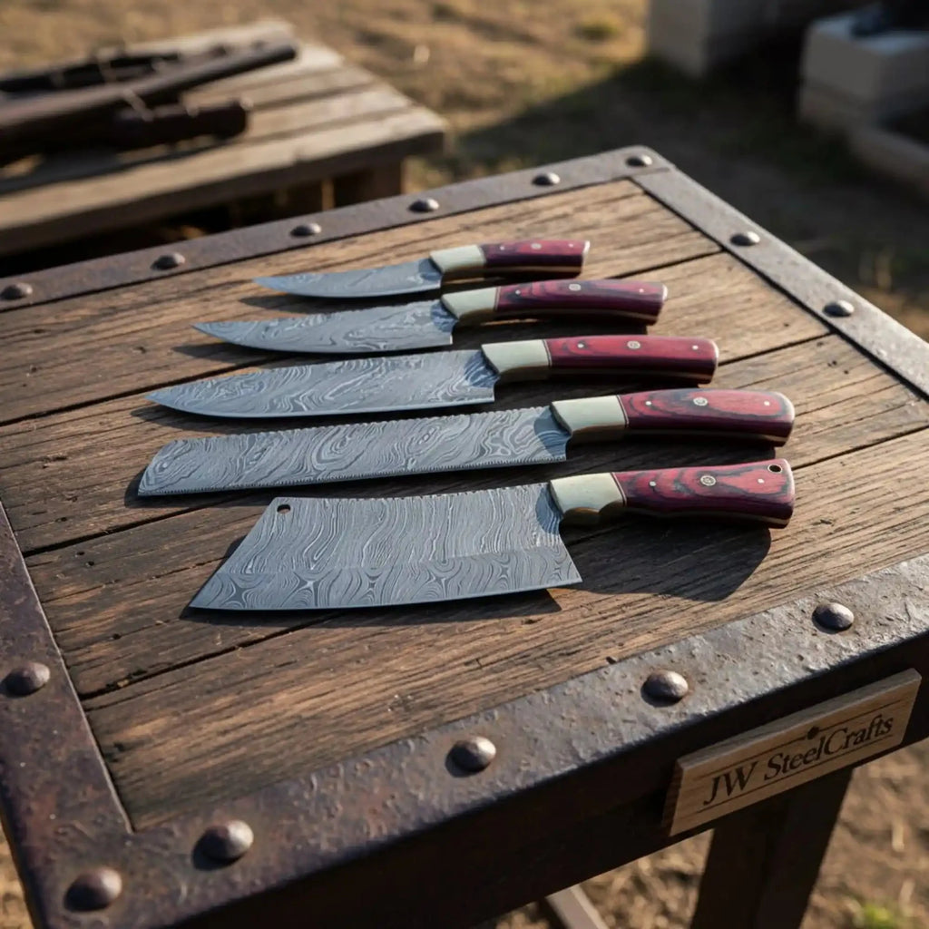 5-Piece Damascus Kitchen Knife Set with Red Pakka Wood Handles, Full Tang Twisted Pattern