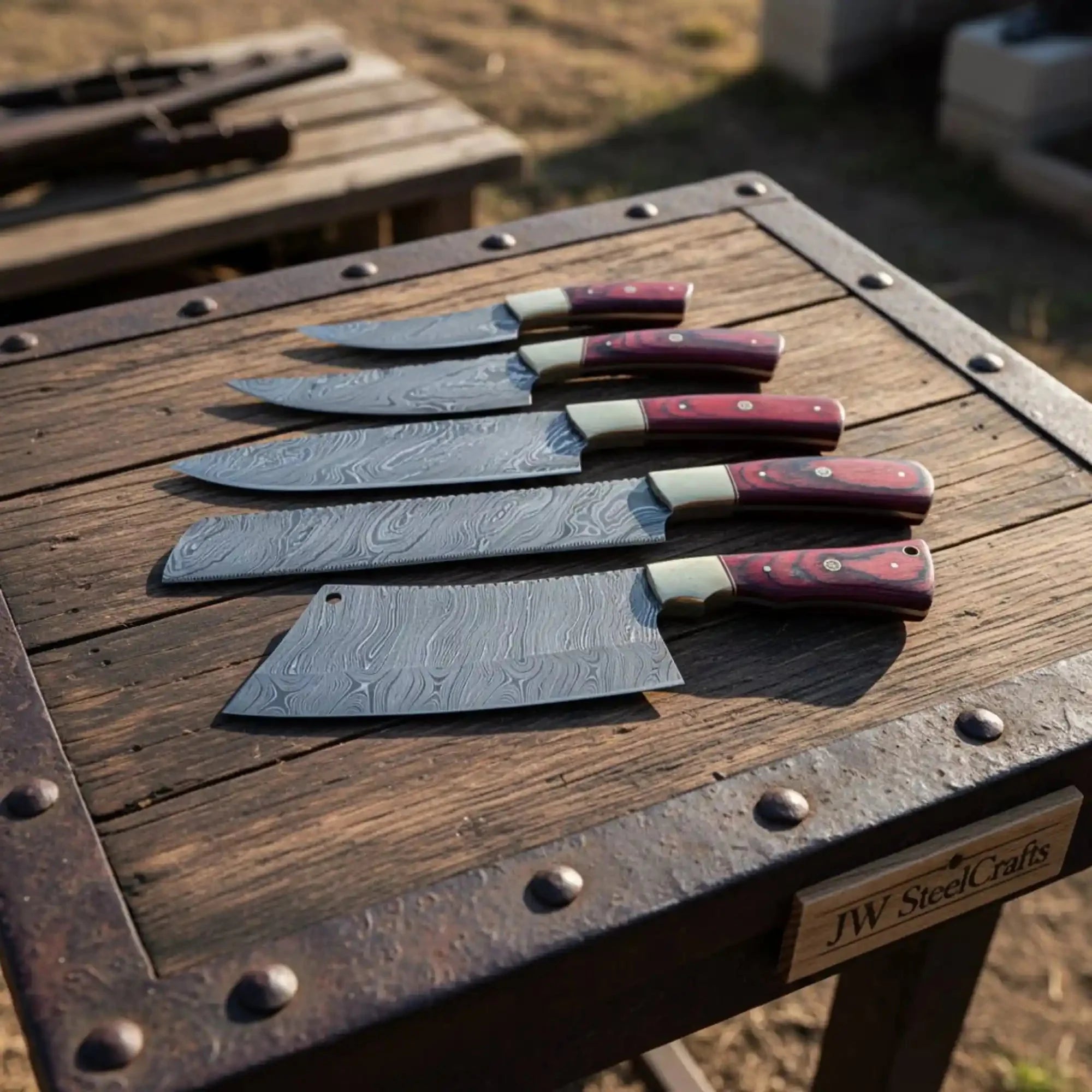 5-Piece Damascus Kitchen Knife Set with Red Pakka Wood Handles, Full Tang Twisted Pattern