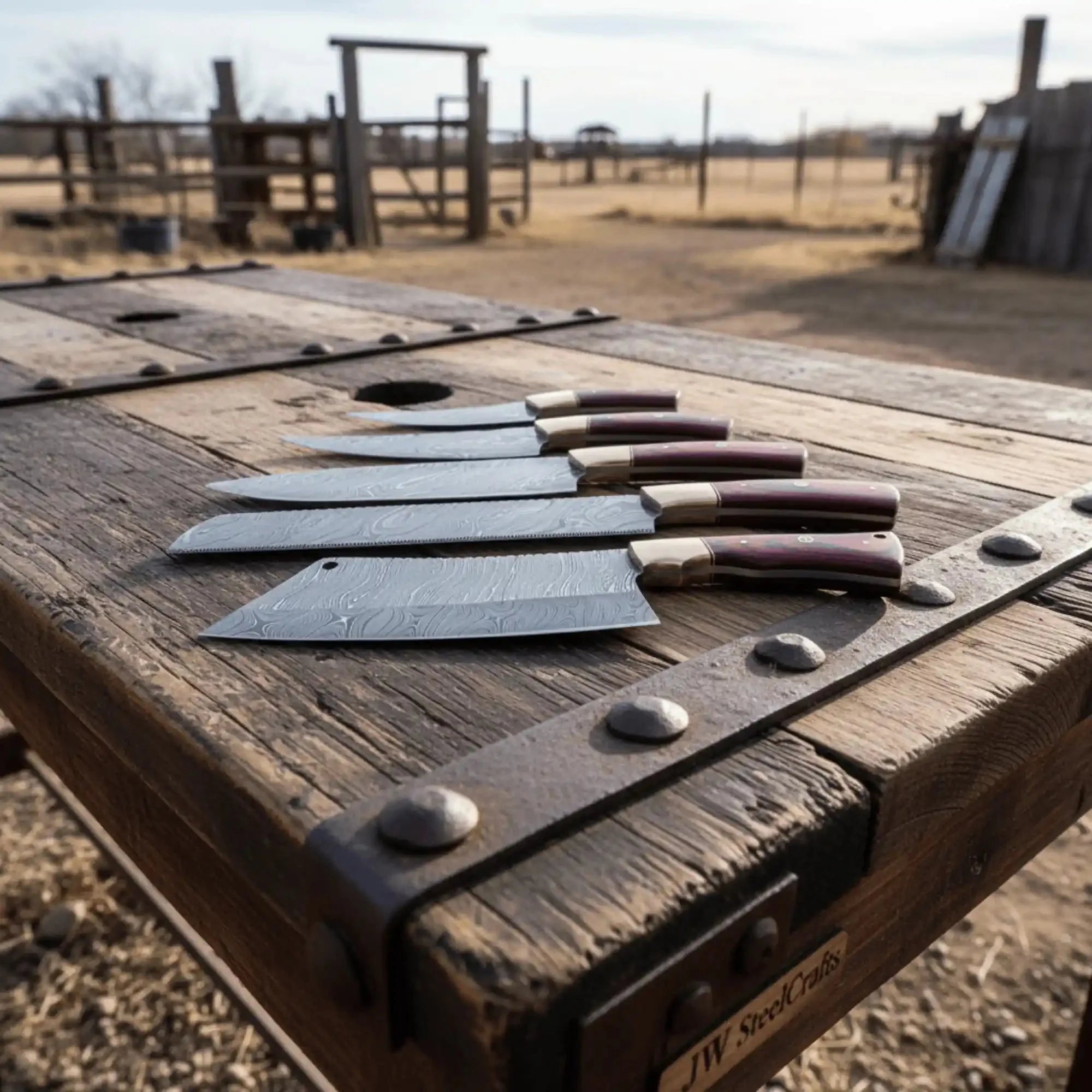 5-Piece Damascus Kitchen Knife Set with Red Pakka Wood Handles, Full Tang Twisted Pattern
