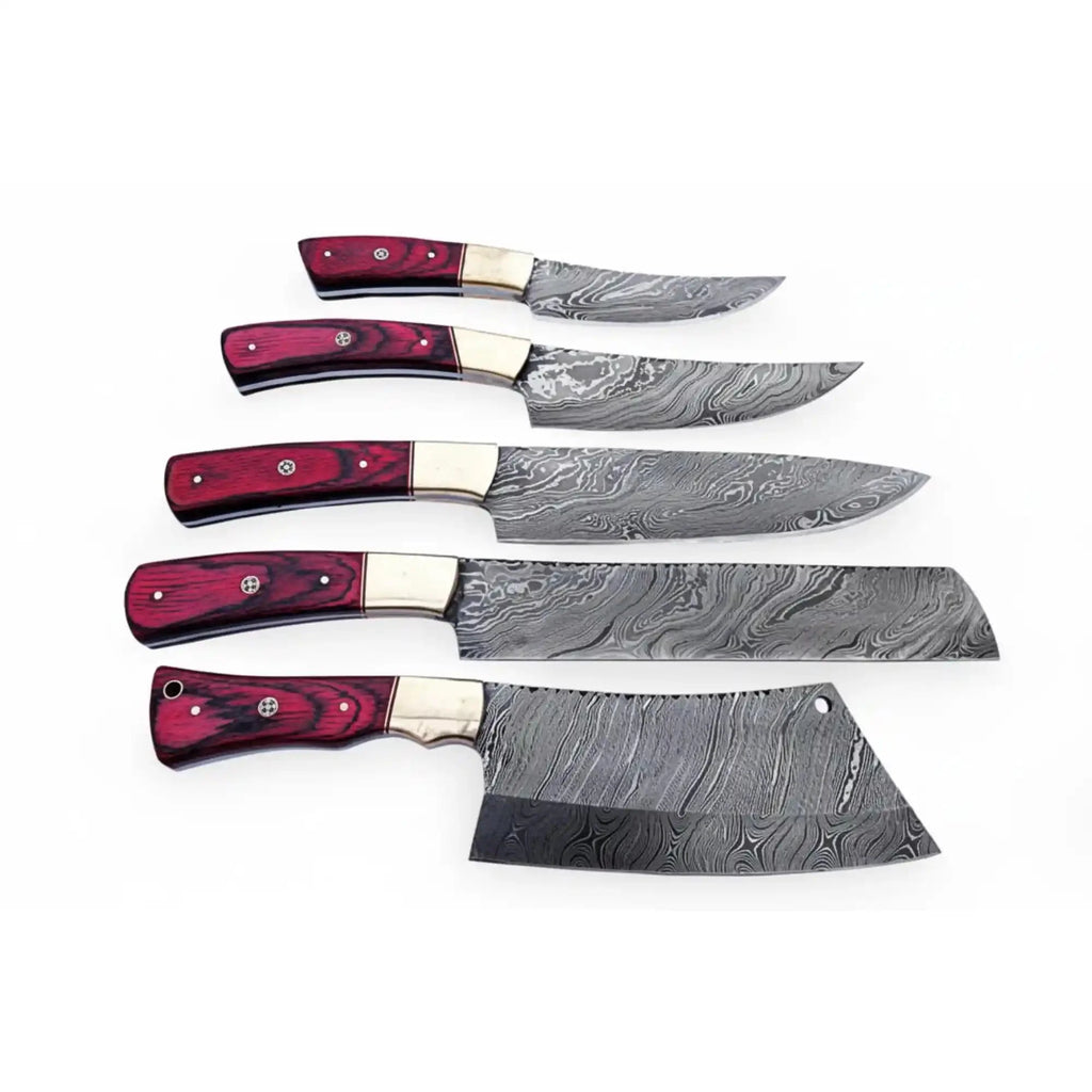 5-Piece Damascus Kitchen Knife Set with Red Pakka Wood Handles, Full Tang Twisted Pattern