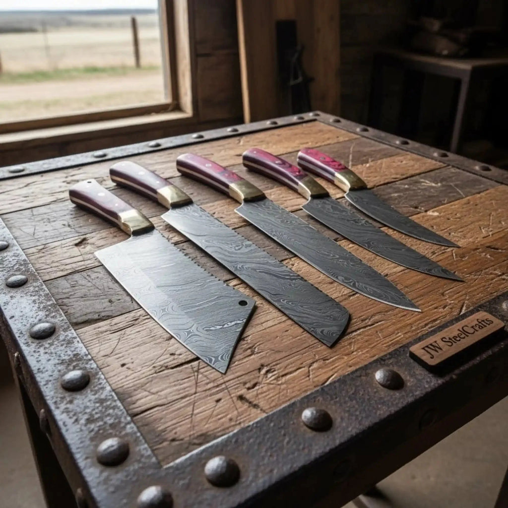 5-Piece Damascus Kitchen Knife Set with Red Pakka Wood Handles, Full Tang Twisted Pattern