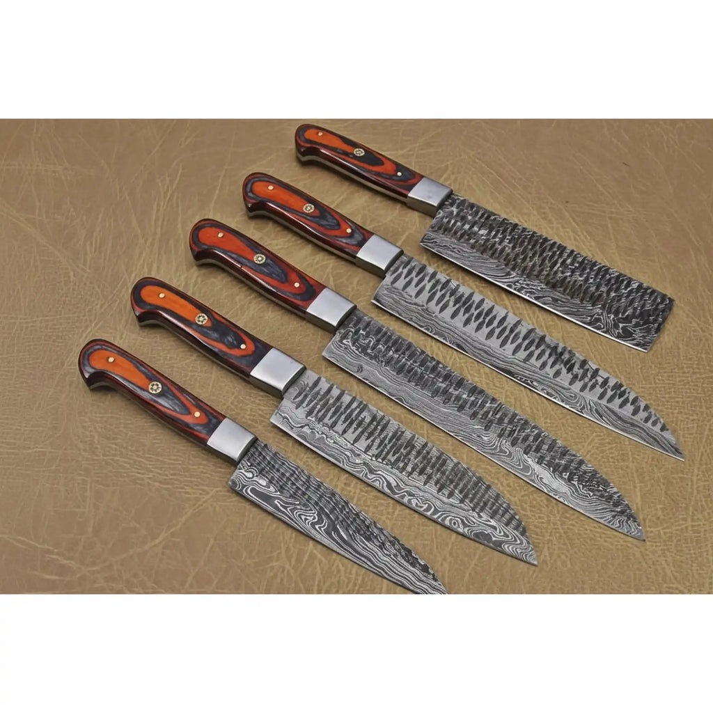 5-Piece Handmade Damascus Kitchen Knife Set with Red Pakka Wood Handles