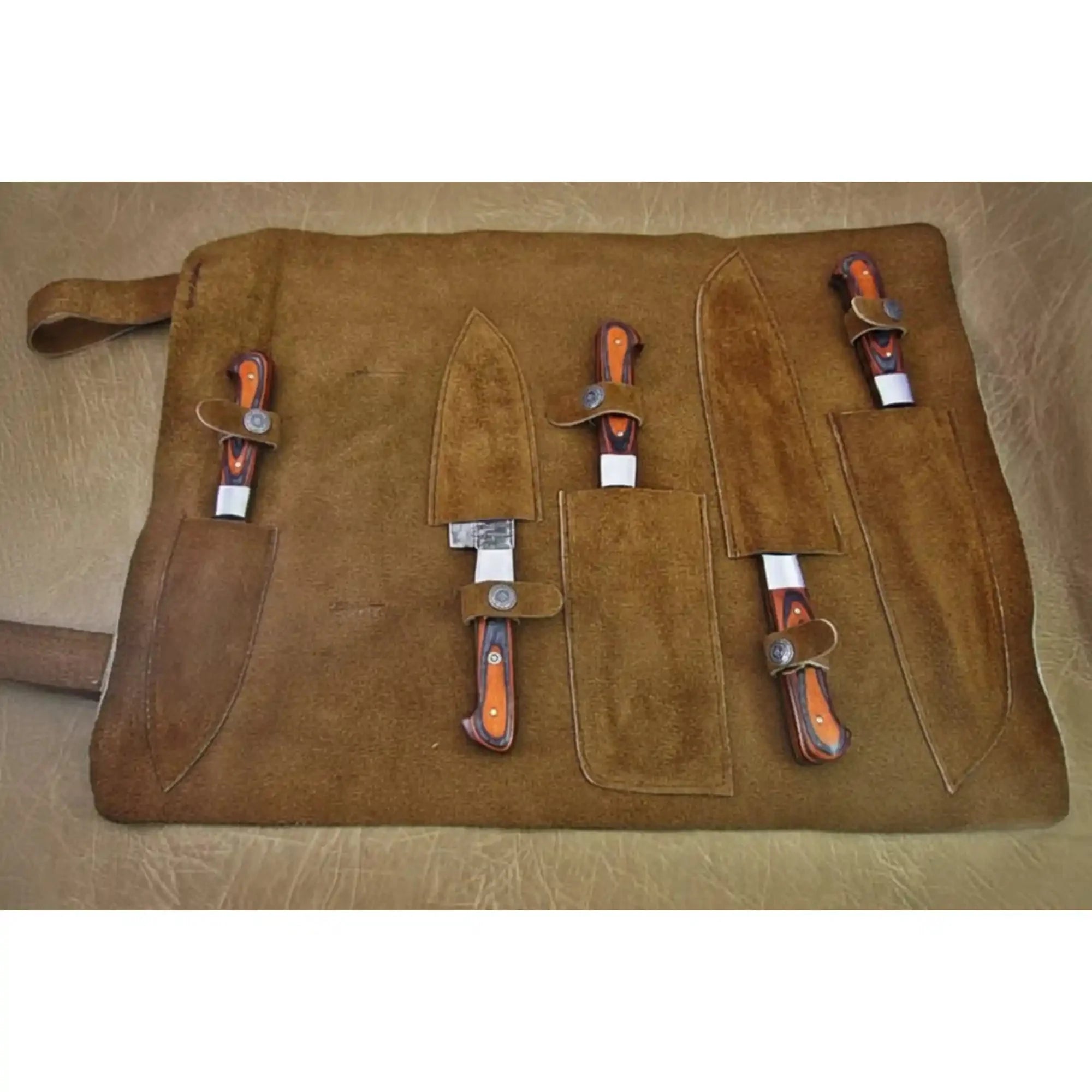 5-Piece Handmade Damascus Kitchen Knife Set with Red Pakka Wood Handles