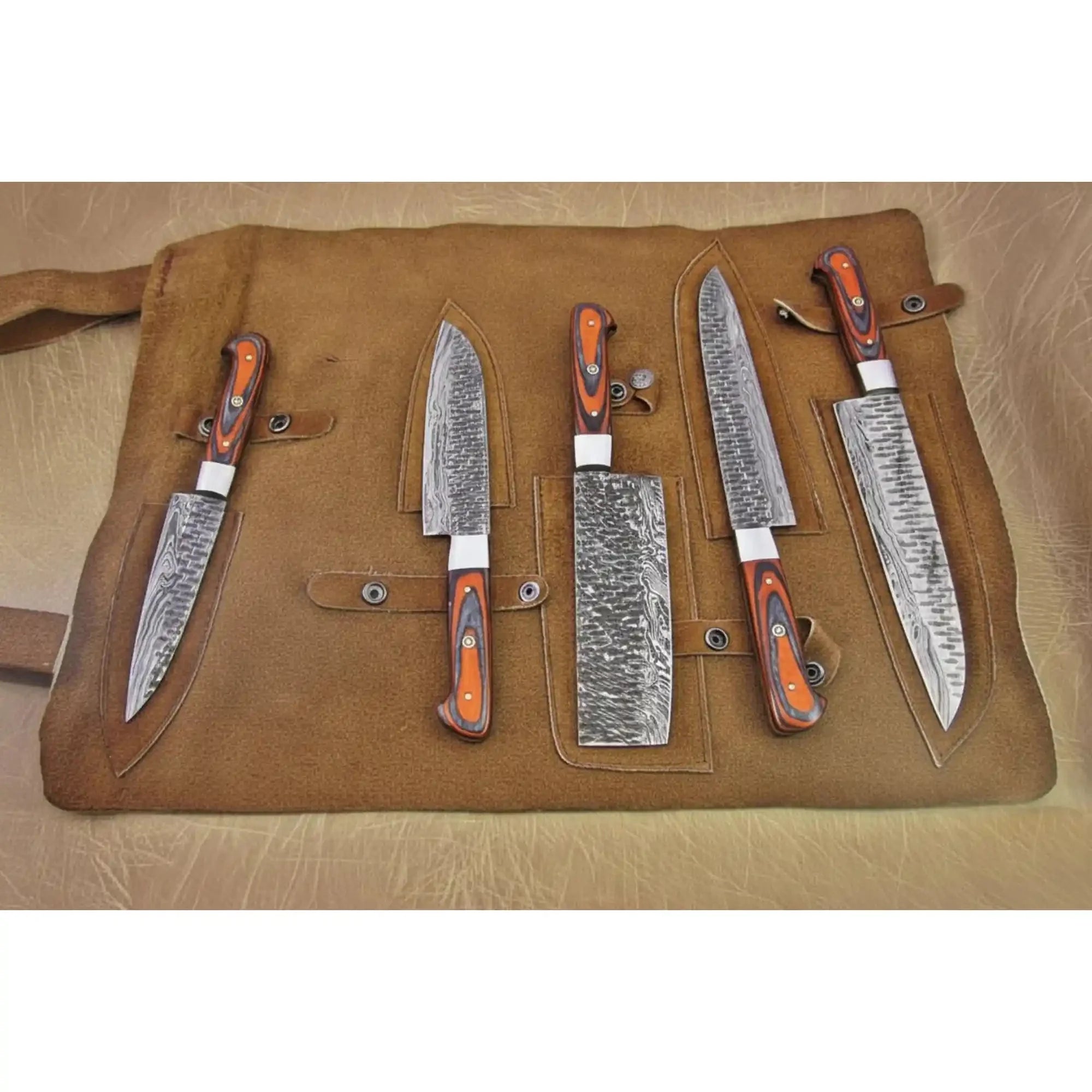 5-Piece Handmade Damascus Kitchen Knife Set with Red Pakka Wood Handles