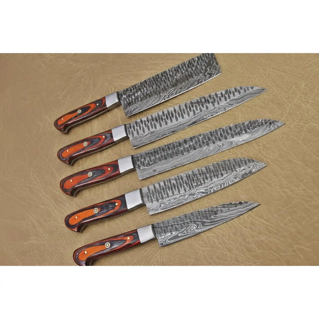 5-Piece Handmade Damascus Kitchen Knife Set with Red Pakka Wood Handles