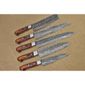 5-Piece Handmade Damascus Kitchen Knife Set with Red Pakka Wood Handles