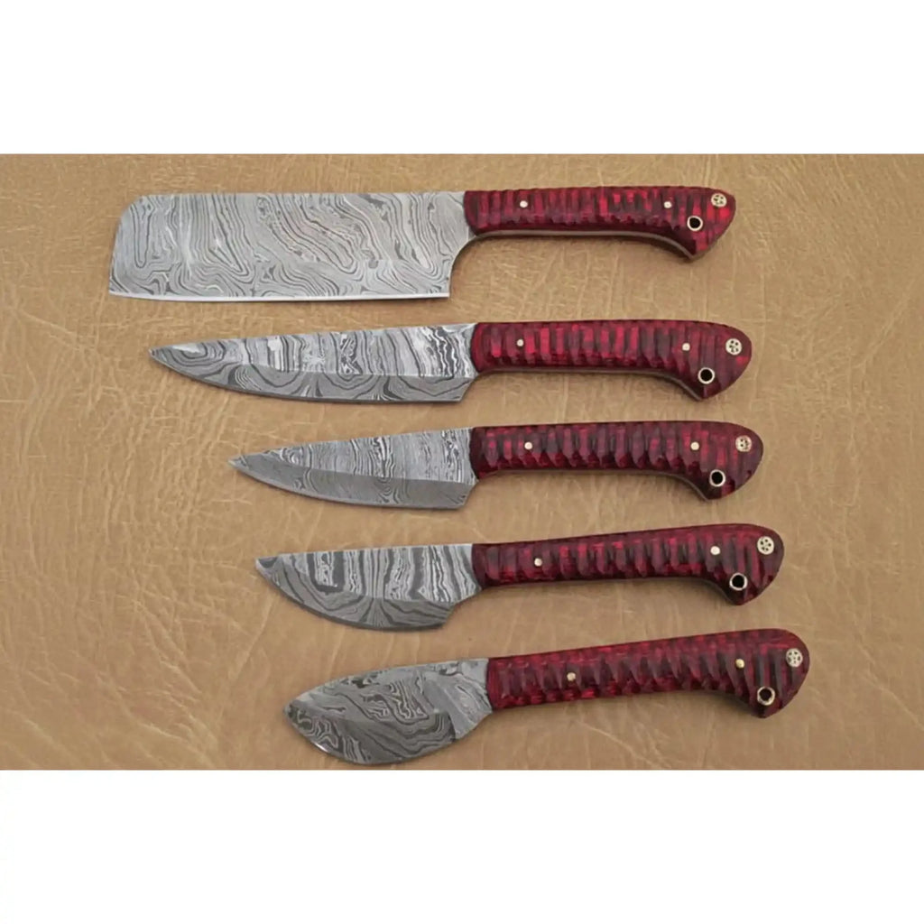 6-Piece Handmade Damascus Kitchen Knife Set with Red Wood Handles