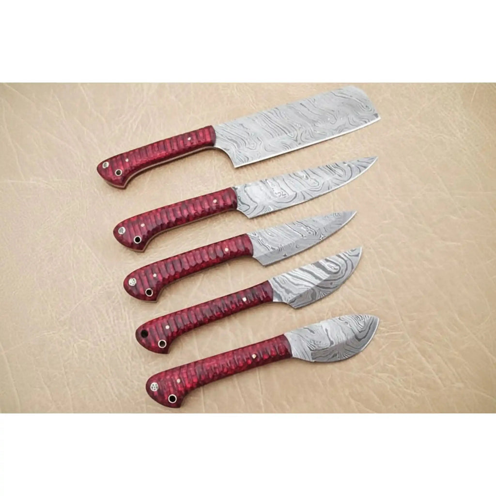 6-Piece Handmade Damascus Kitchen Knife Set with Red Wood Handles