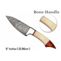 Handmade Damascus Kitchen Knife Set of 6, Full Tang Forged Chef, Bread, Fillet and Utility Knives with White Bone and Red Wood Handles, Leather Roll Kit Included