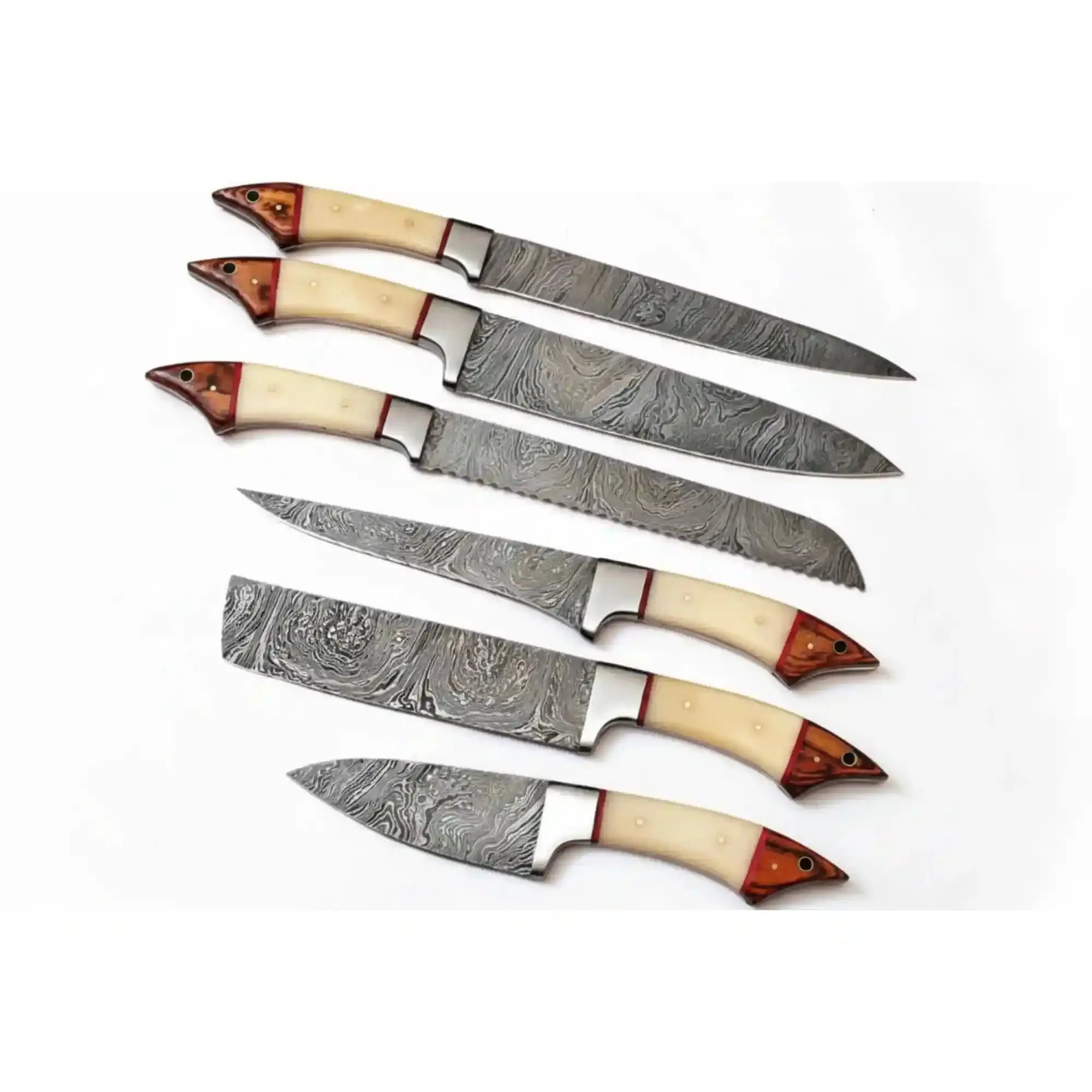 Handmade Damascus Kitchen Knife Set of 6, Full Tang Forged Chef, Bread, Fillet and Utility Knives with White Bone and Red Wood Handles, Leather Roll Kit Included