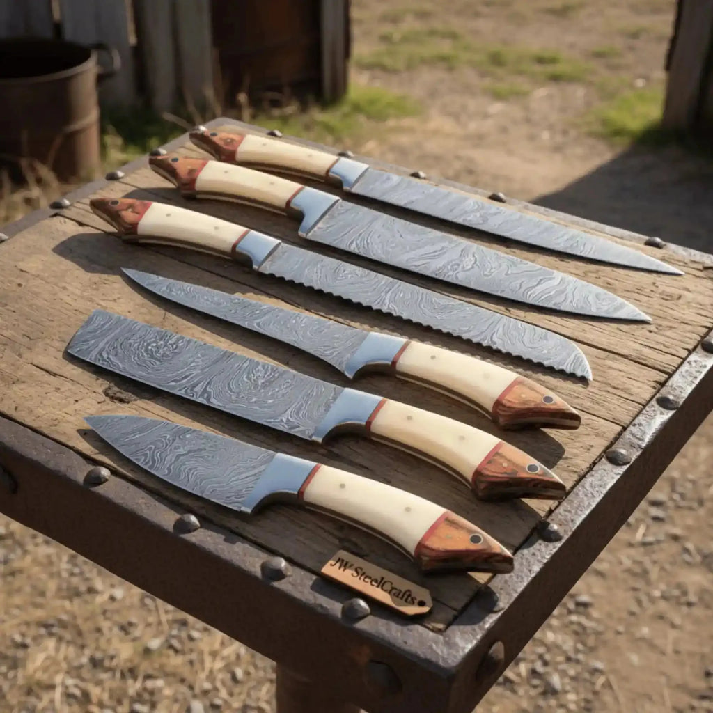 Handmade Damascus Kitchen Knife Set of 6, Full Tang Forged Chef, Bread, Fillet and Utility Knives with White Bone and Red Wood Handles, Leather Roll Kit Included