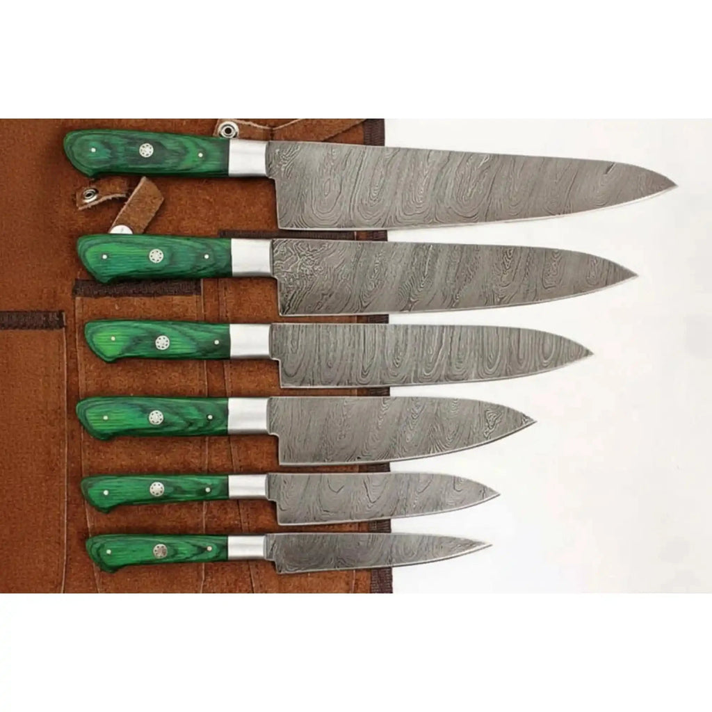 6-Piece Handmade Damascus Steel Kitchen Knife Set, Green Wood Handle, Professional Chef Culinary