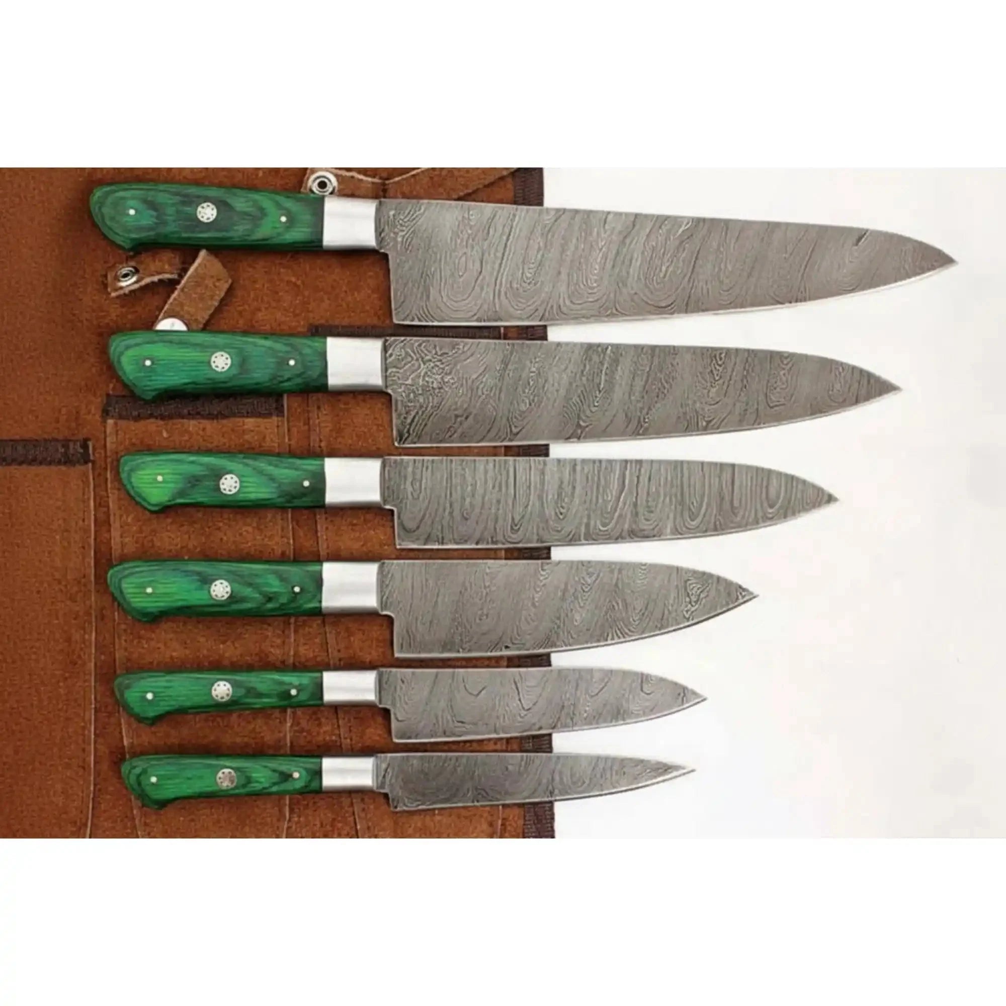 6-Piece Handmade Damascus Steel Kitchen Knife Set, Green Wood Handle, Professional Chef Culinary