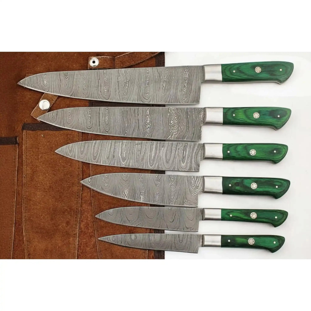 6-Piece Handmade Damascus Steel Kitchen Knife Set, Green Wood Handle, Professional Chef Culinary