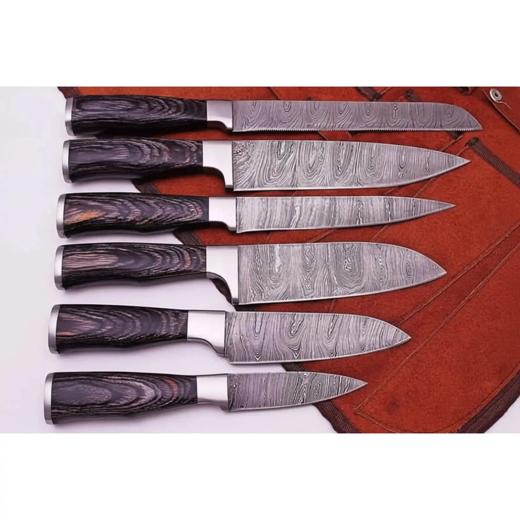 Handcrafted Damascus Knife Set of 6 Black Wood Handles Full Tang Chef, Bread, Utility Slicing Knives