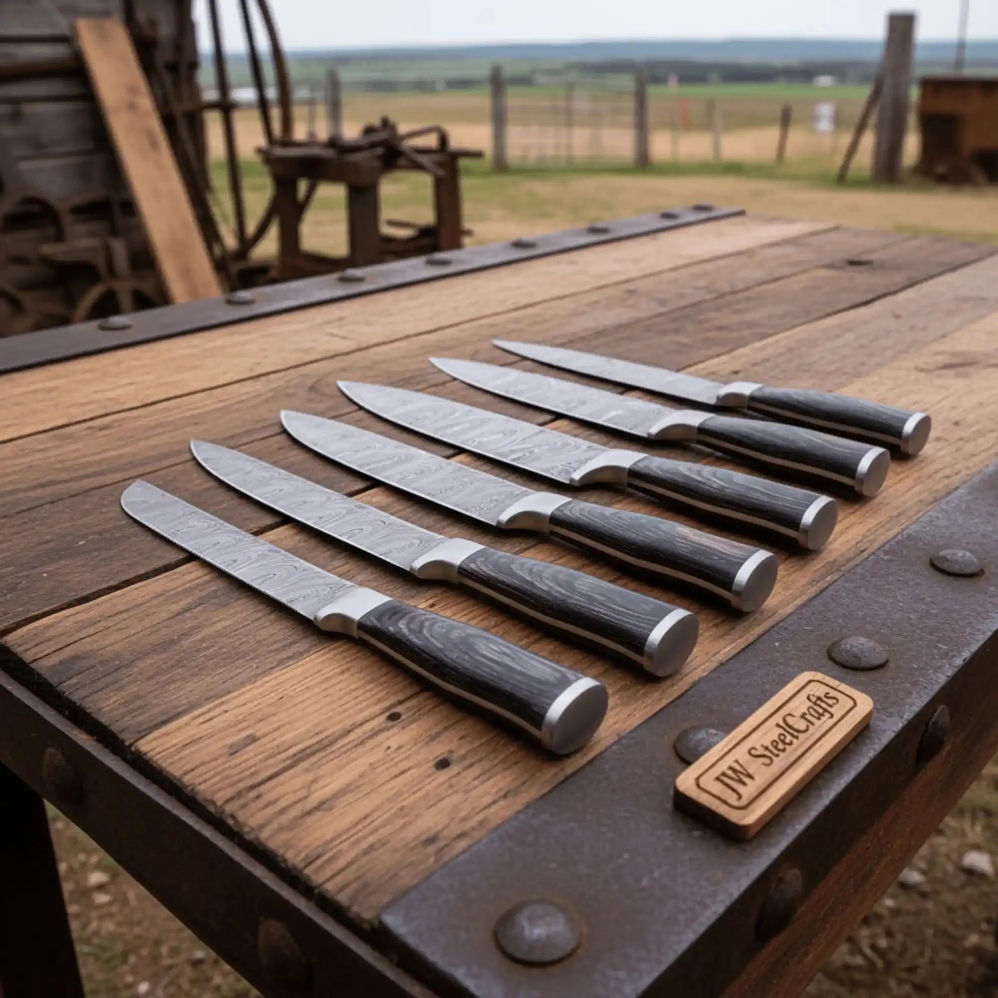Handcrafted Damascus Knife Set of 6 Black Wood Handles Full Tang Chef, Bread, Utility Slicing Knives
