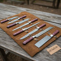 Premium 7-Piece Damascus Kitchen Knife Set, Red Pakka Wood Handle & Leather Roll Included