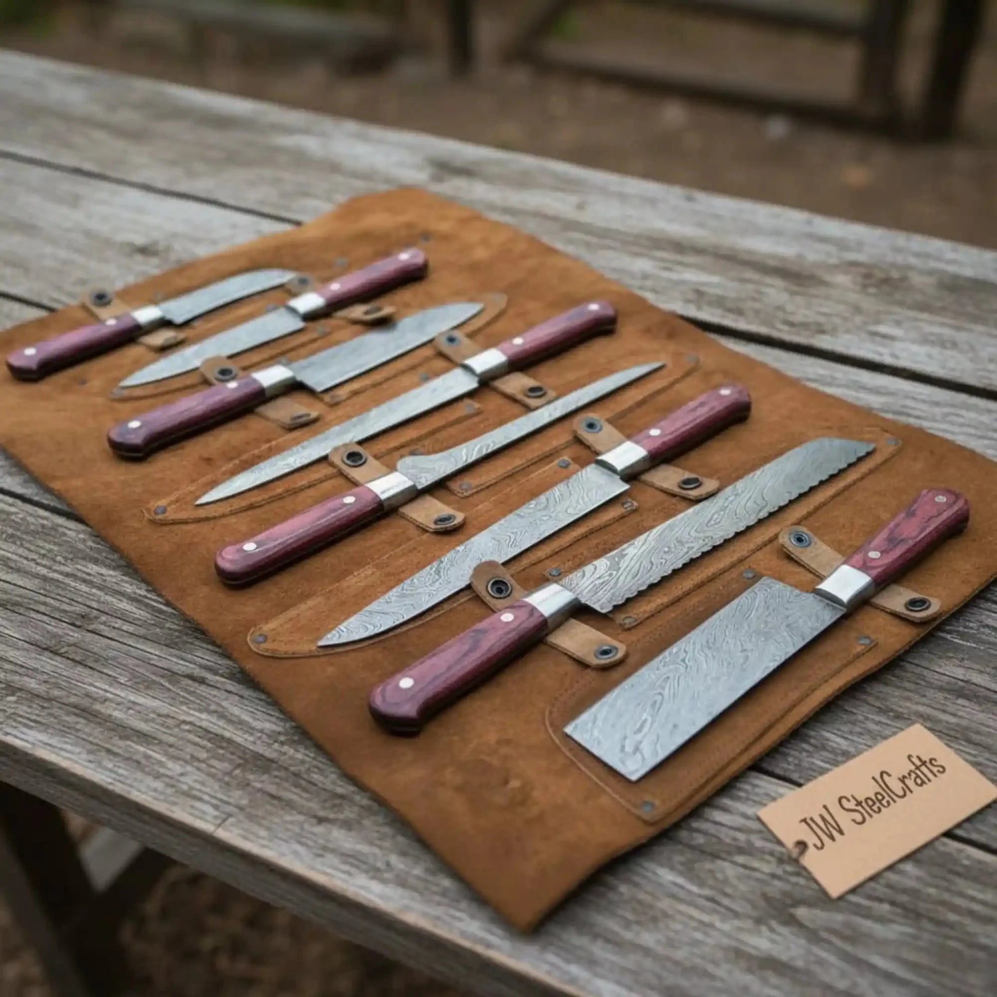Premium 7-Piece Damascus Kitchen Knife Set, Red Pakka Wood Handle & Leather Roll Included