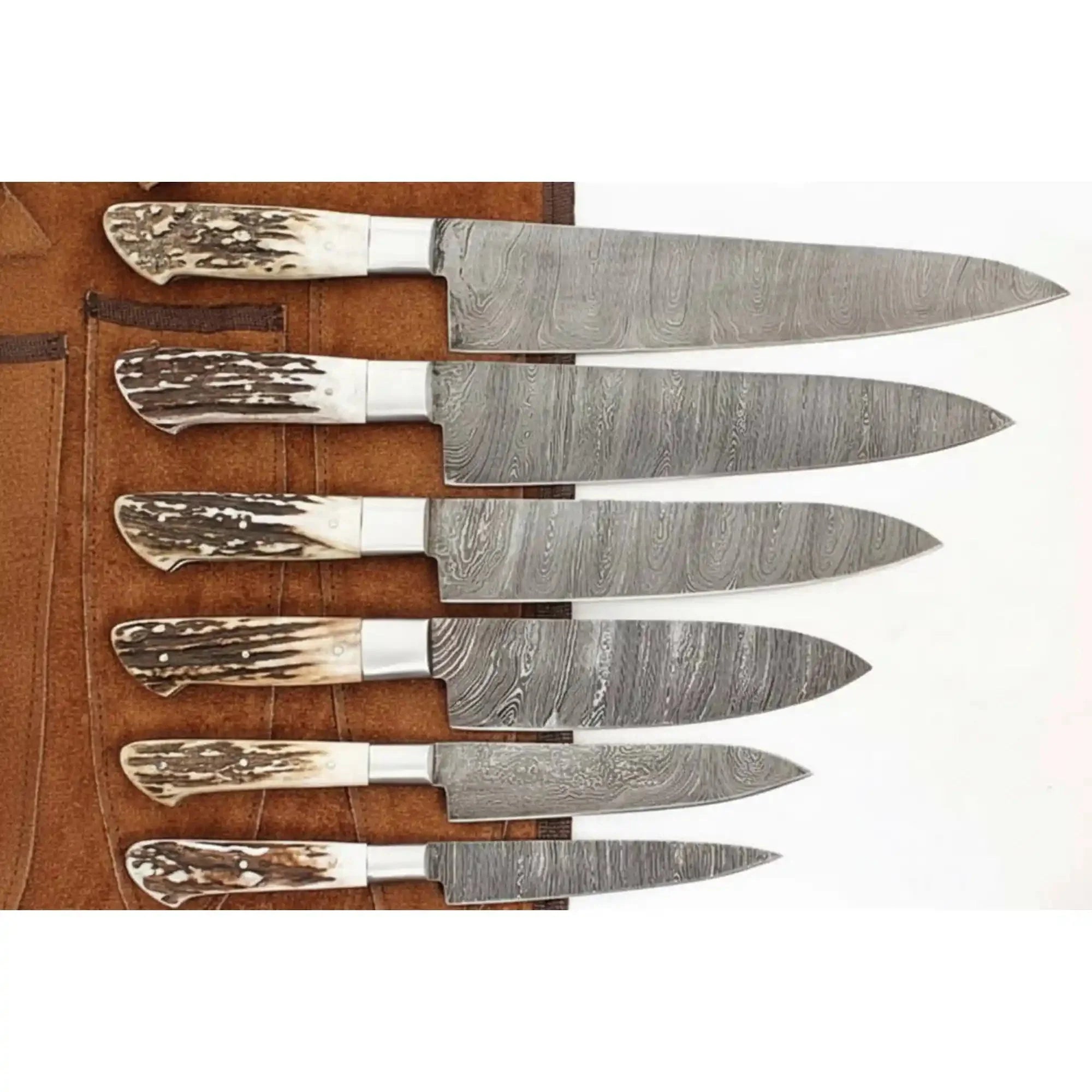 7-Piece Handcrafted Damascus Knife Set with Stag Antler Handles - Forged Steel Cooking Knives