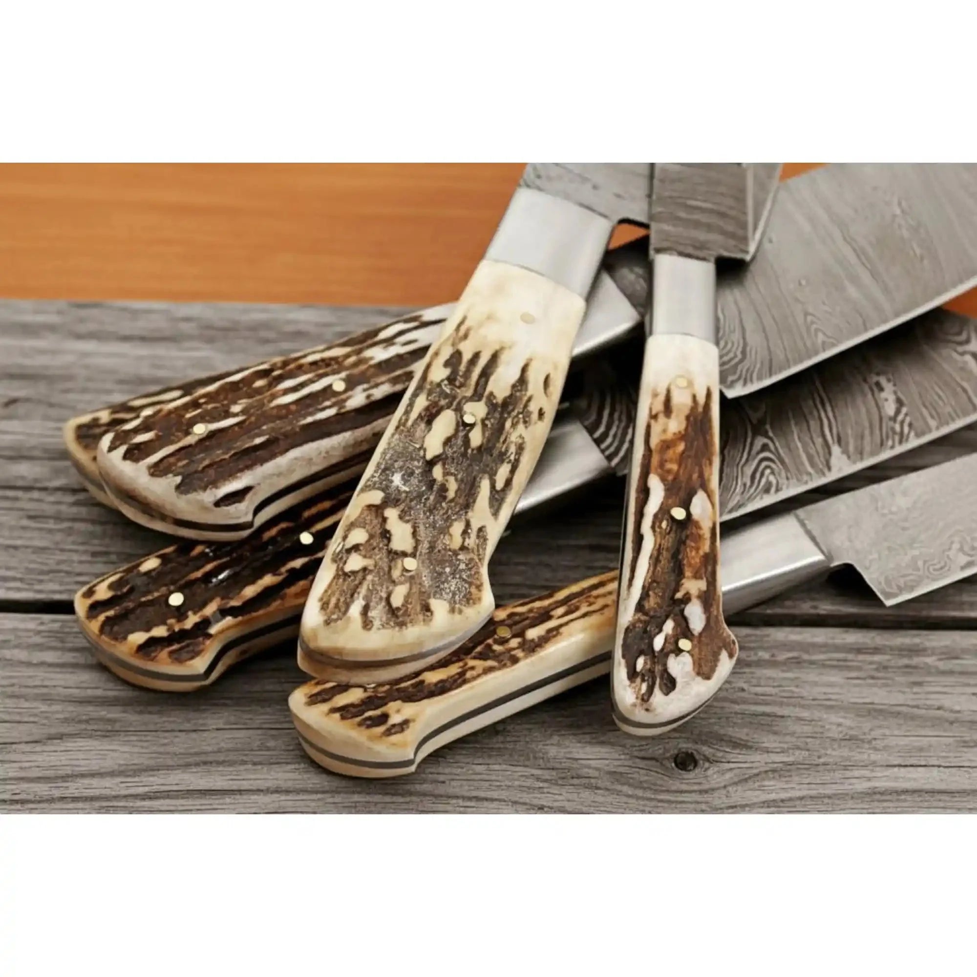 7-Piece Handcrafted Damascus Knife Set with Stag Antler Handles - Forged Steel Cooking Knives