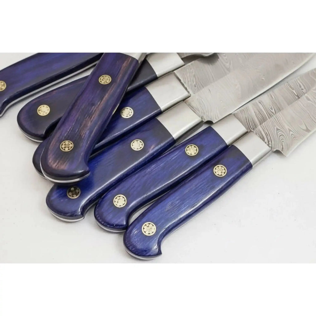 Purple Wood Handle Damascus Kitchen Knife Set | Professional Cooking Knives by JW SteelCrafts