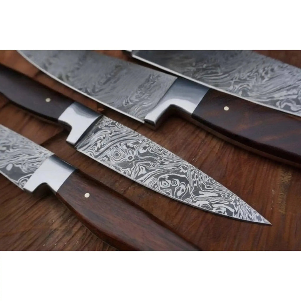 Handmade Damascus Kitchen Knife Set with Walnut Wood Handle - Professional Chef's Knives