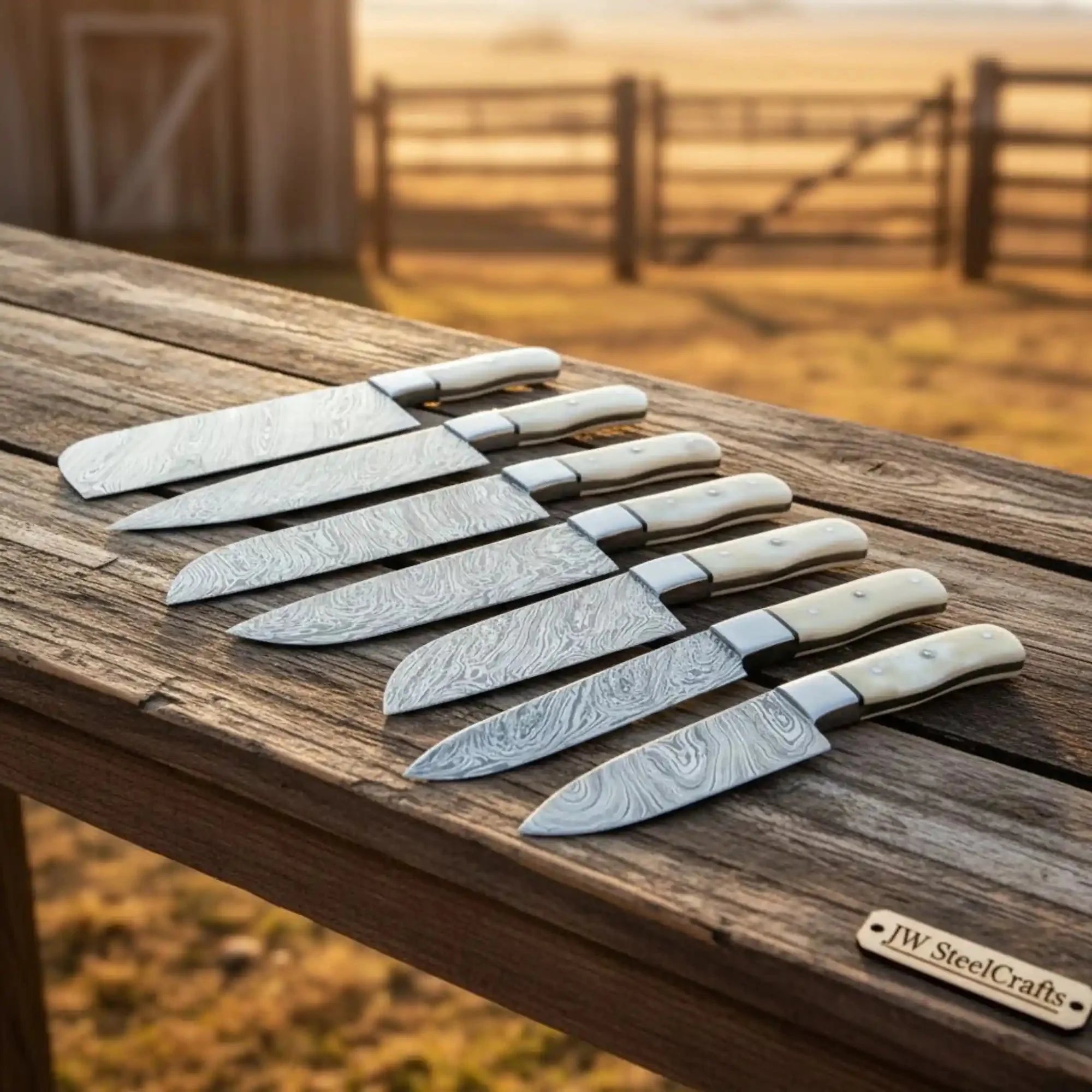 Damascus Bone Handle Kitchen Knife Set: Chef Utility, Santoku, Paring