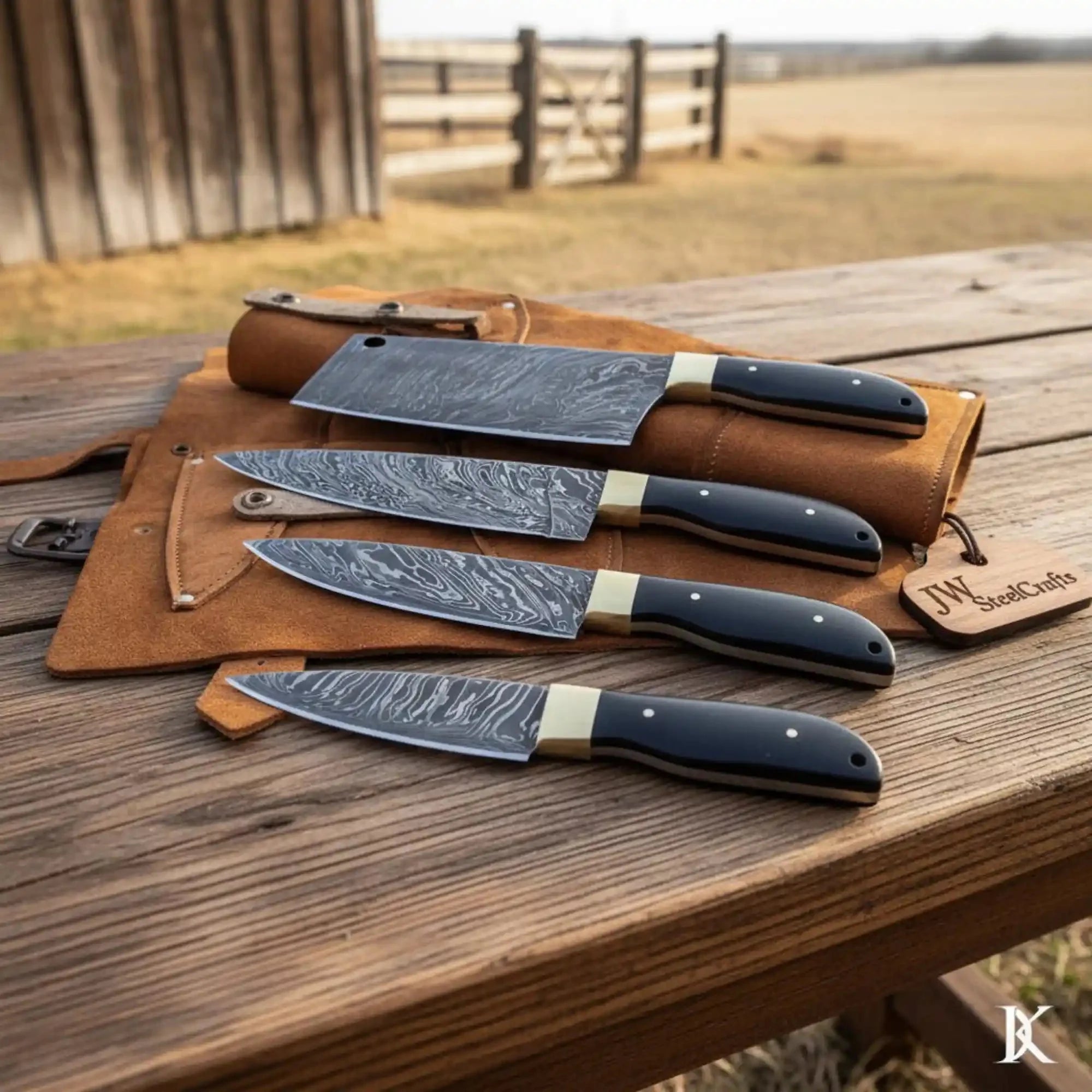 Damascus Kitchen Knife Set, Handcrafted with Black Micarta Handles, Leather Roll Included