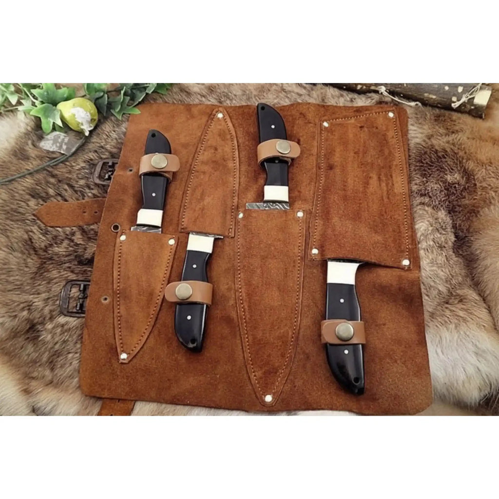 Damascus Kitchen Knife Set, Handcrafted with Black Micarta Handles, Leather Roll Included