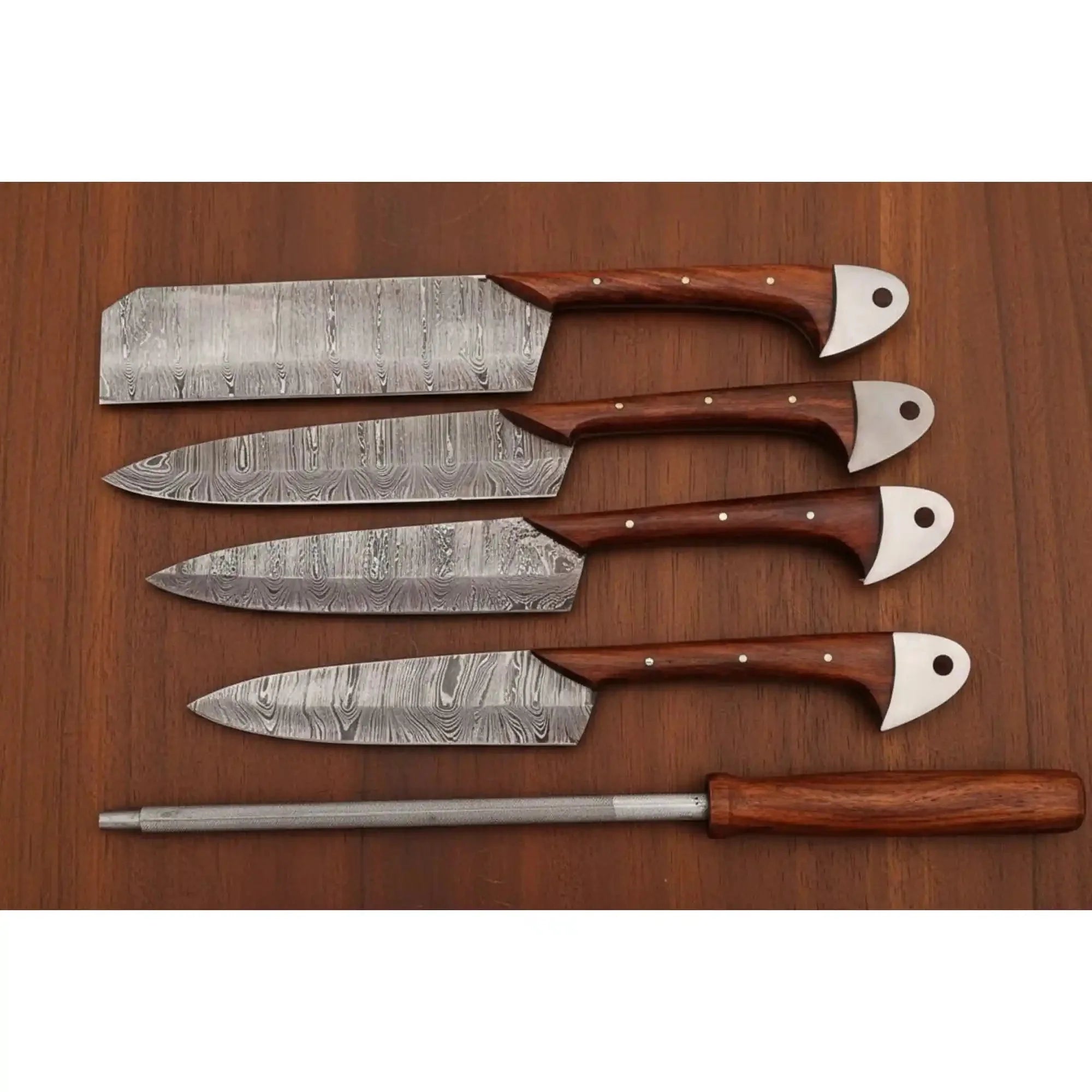 Hand-Forged Damascus Chef Knife Set with Leather Roll & Sharpening Rod - Rosewood Handle Collection