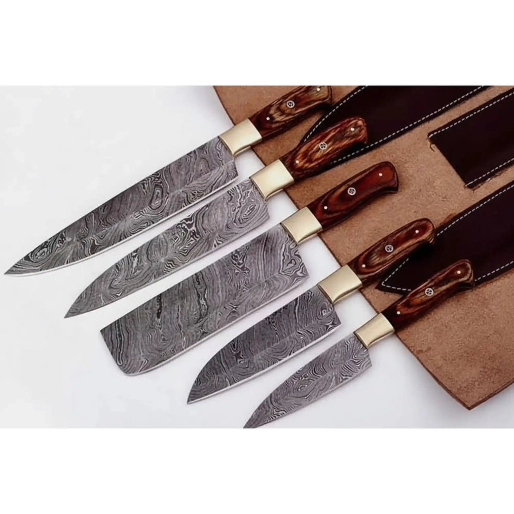 Handmade Damascus Kitchen Knife Set with Pakka Wood Handles and Leather Roll, Full Tang Chef Santoku Cleaver Utility and Paring Knives, Professional Culinary Collection