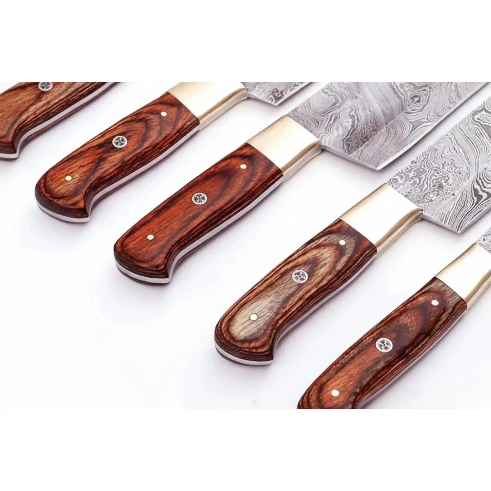 Handmade Damascus Kitchen Knife Set with Pakka Wood Handles and Leather Roll, Full Tang Chef Santoku Cleaver Utility and Paring Knives, Professional Culinary Collection
