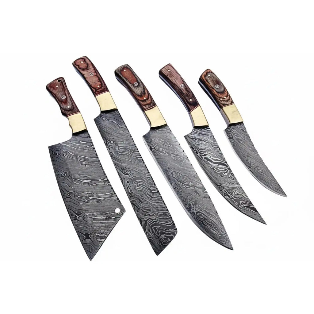 Handmade Damascus Kitchen Knife Set with Wooden Handles, Full Tang Chef Santoku Cleaver Utility and Paring Knives, Forged Damascus Steel Culinary Collection JW SteelCrafts