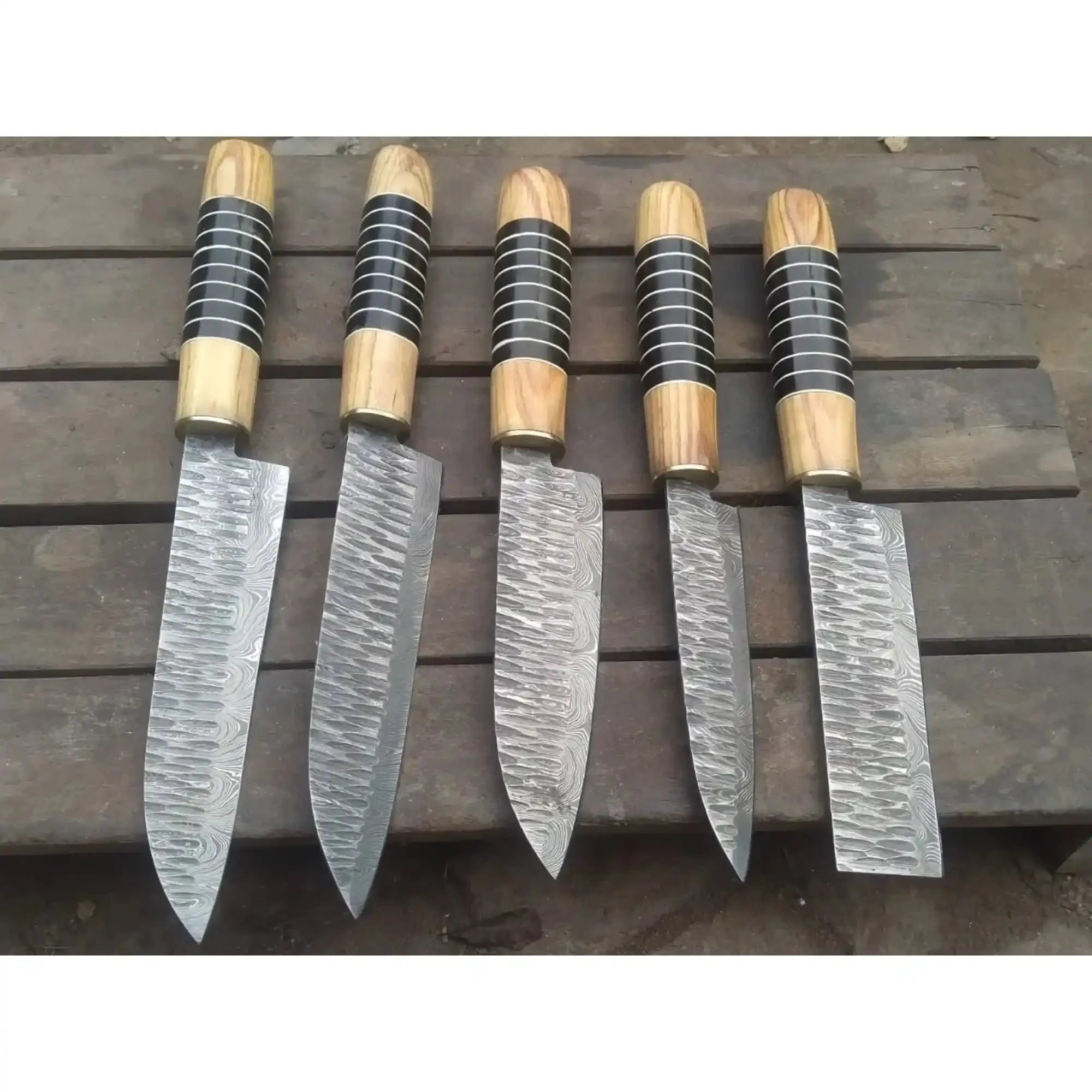 Damascus Chef Knife Set – Handmade 5-Piece Kitchen Knives with Olive Wood and Resin Handles