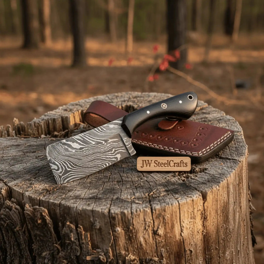 Handcrafted Mini Cleaver - Small Butcher Knife with Green Pakka Handle & Leather Sheath