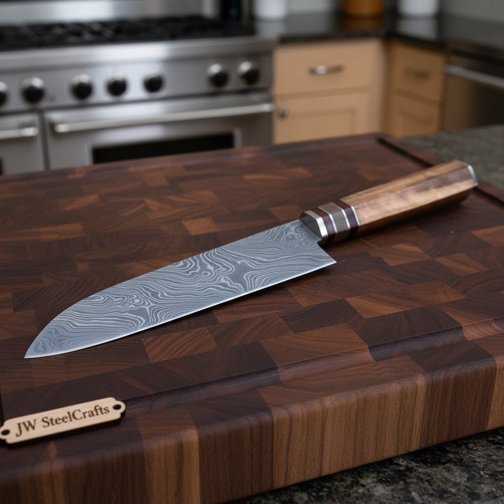 Japanese Utility Knife, Handmade Damascus Petty Knife with Walnut Handle, Small Kitchen Knife