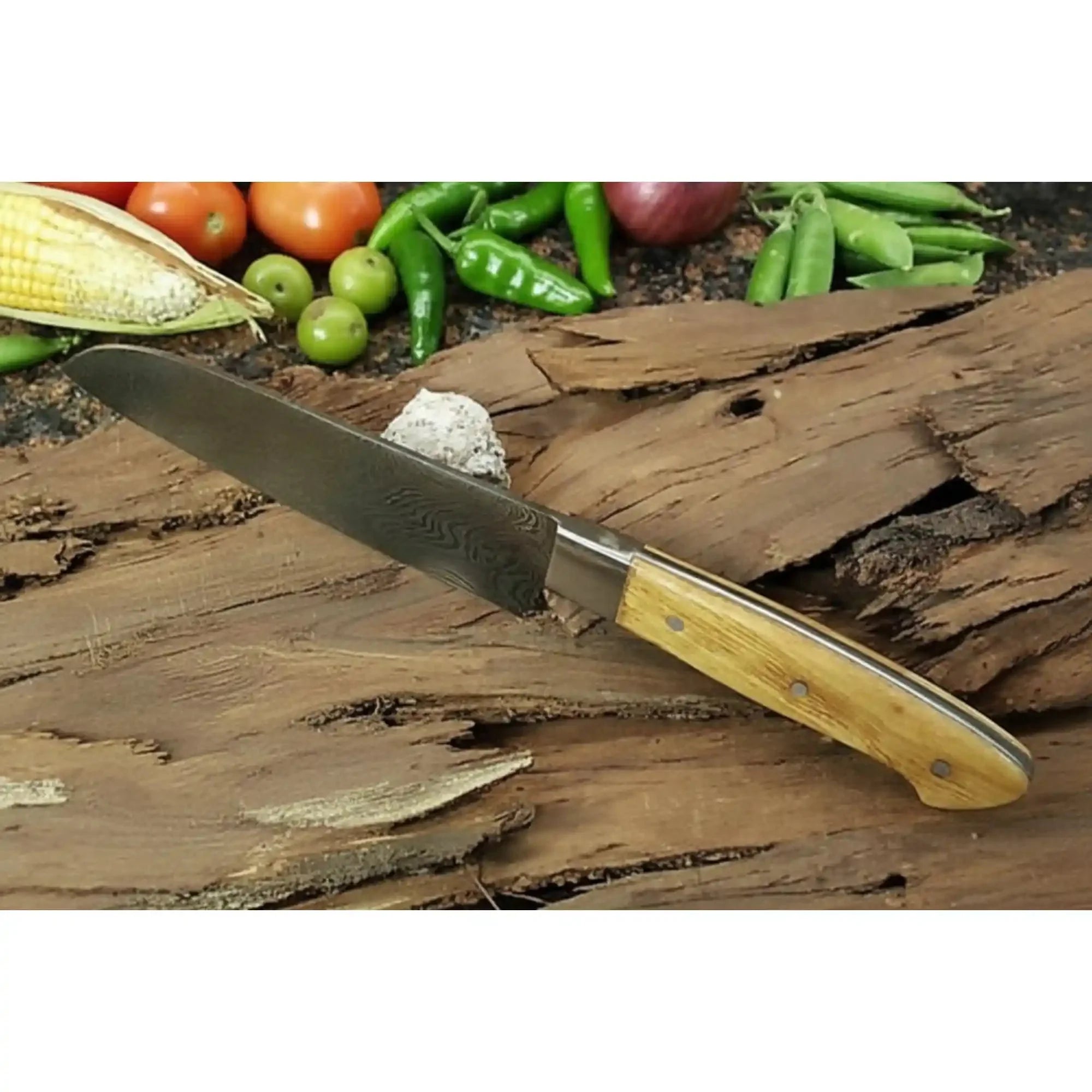 Custom Handmade Damascus Santoku Knife, Olive Wood Handle Japanese Chef Knife