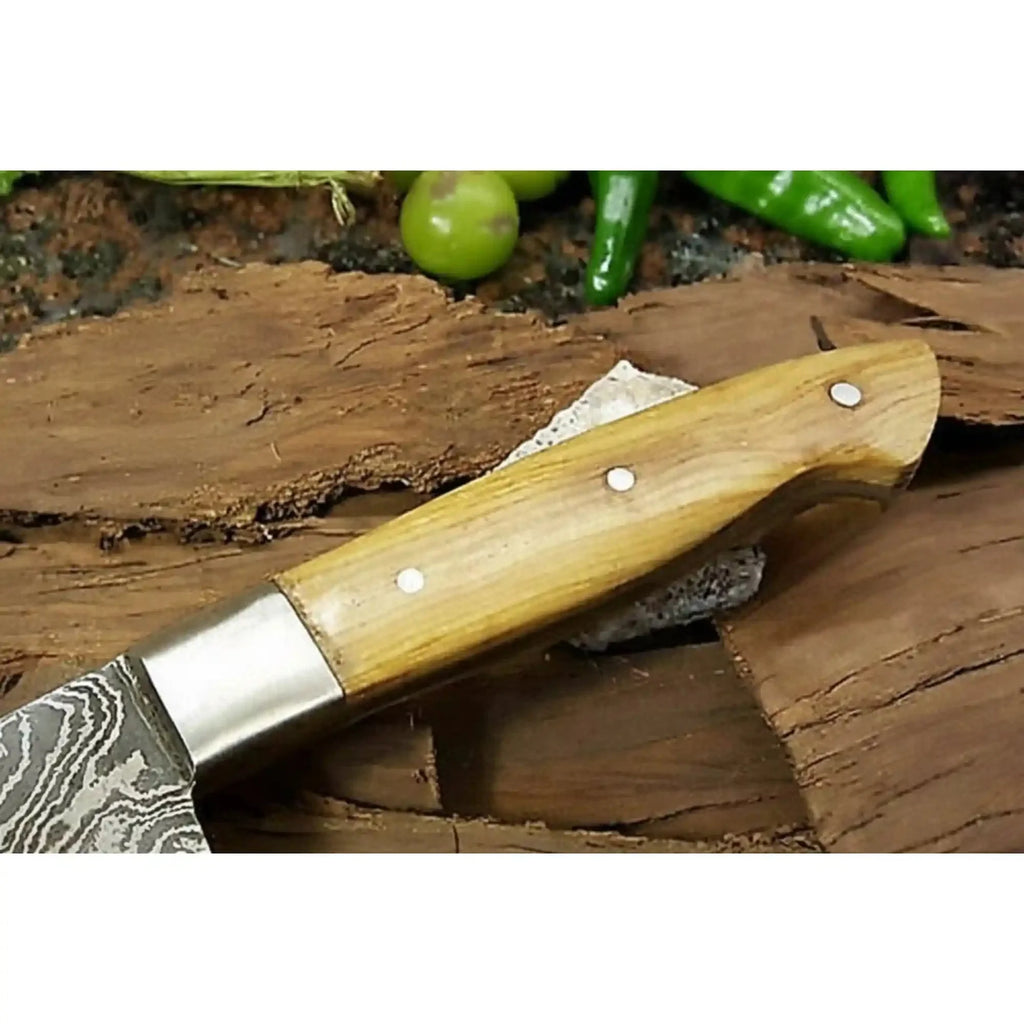 Custom Handmade Damascus Santoku Knife, Olive Wood Handle Japanese Chef Knife