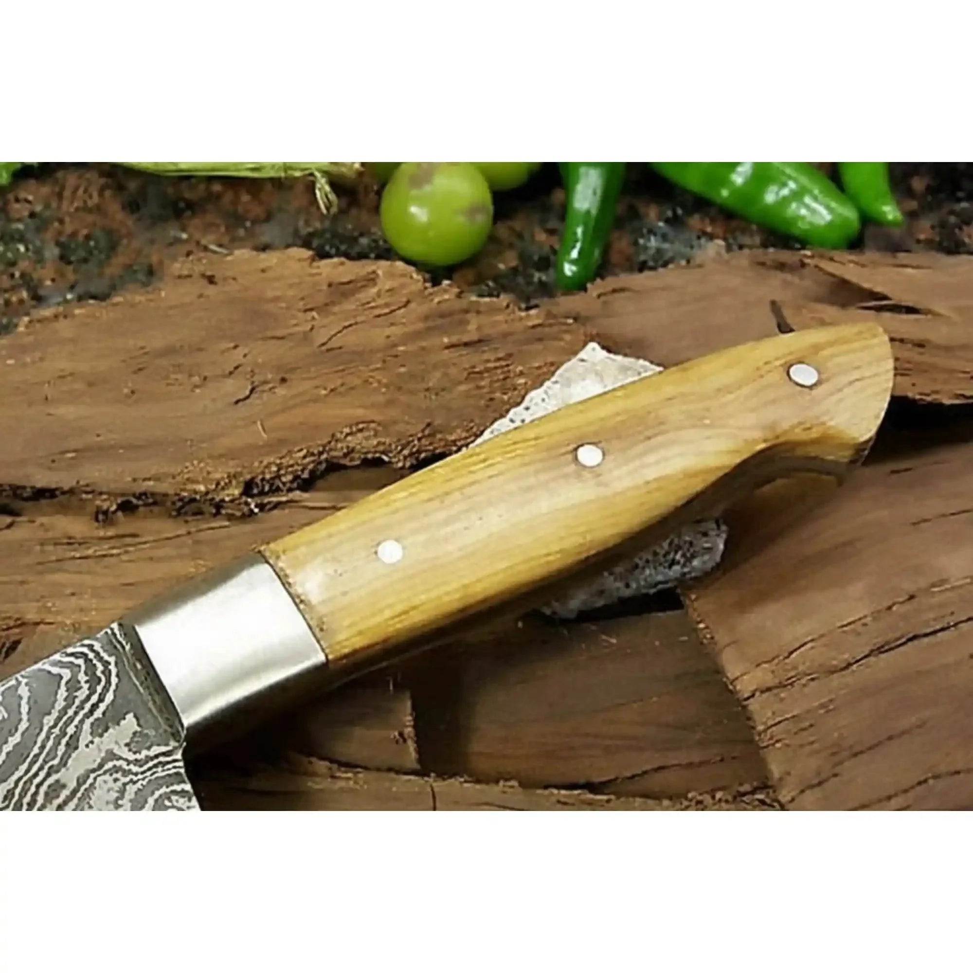Custom Handmade Damascus Santoku Knife, Olive Wood Handle Japanese Chef Knife