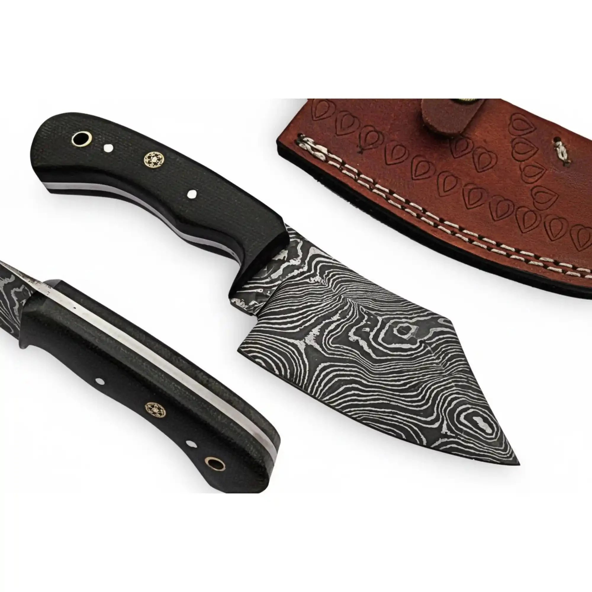 Handmade Damascus Skinner Knife Full Tang Twisted Pattern Blade Black Micarta Handle With Leather Sheath