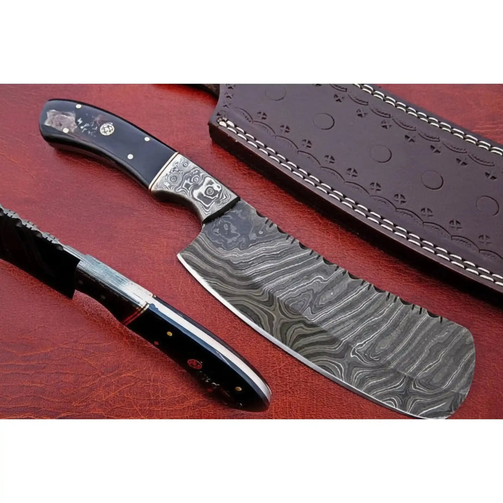 Handcrafted Damascus Skinner Knife with Bolster & Micarta Handle + Leather Sheath
