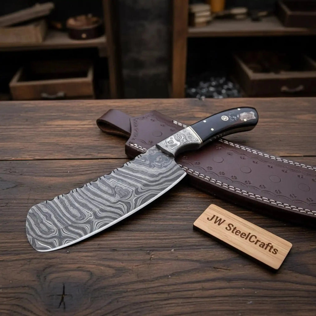 Handcrafted Damascus Skinner Knife with Bolster & Micarta Handle + Leather Sheath