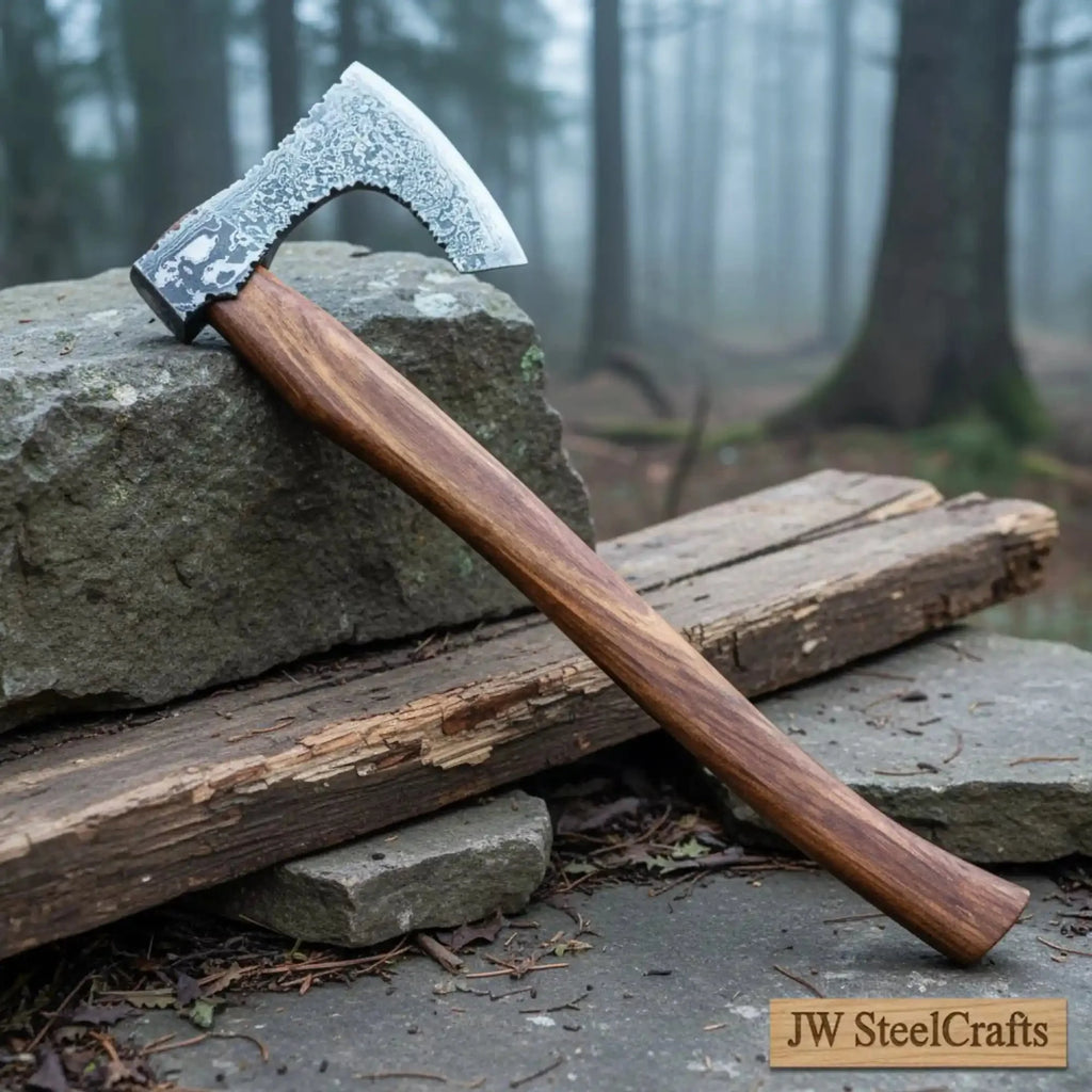 Custom Handmade Bearded Viking Axe with Damascus Steel Blade and Hardwood Handle | JW SteelCrafts