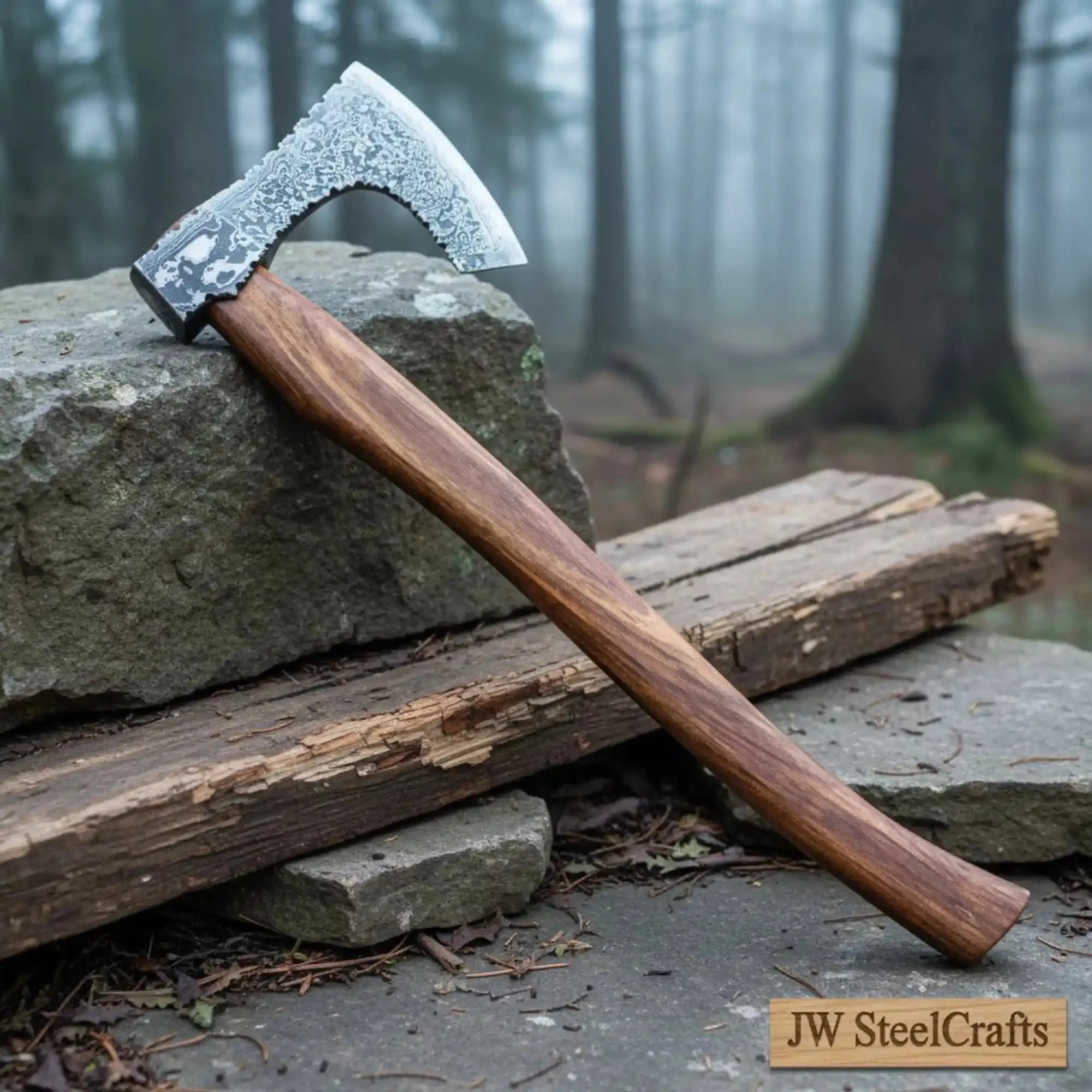 Custom Handmade Bearded Viking Axe with Damascus Steel Blade and Hardwood Handle | JW SteelCrafts