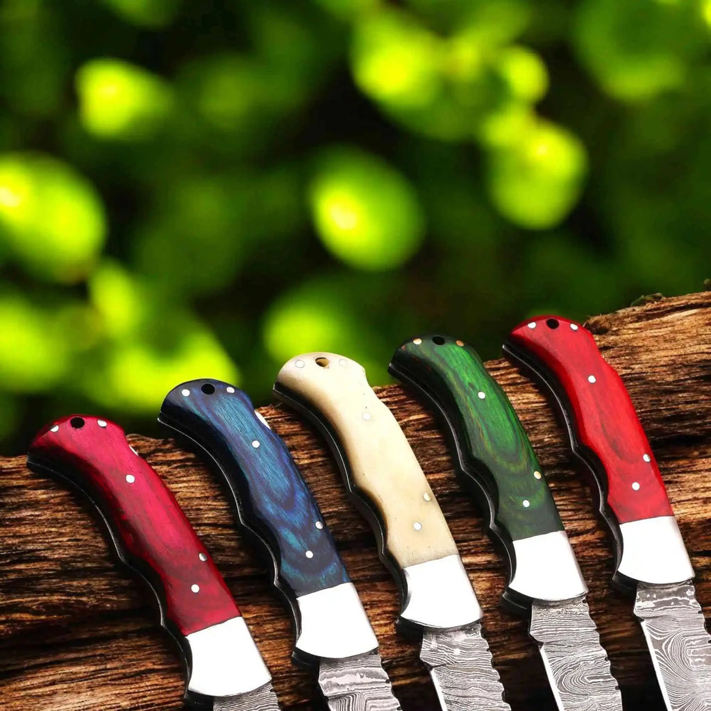 Handmade Damascus Steel Folding Knife – Camel Bone Handle (5 Handle Options)