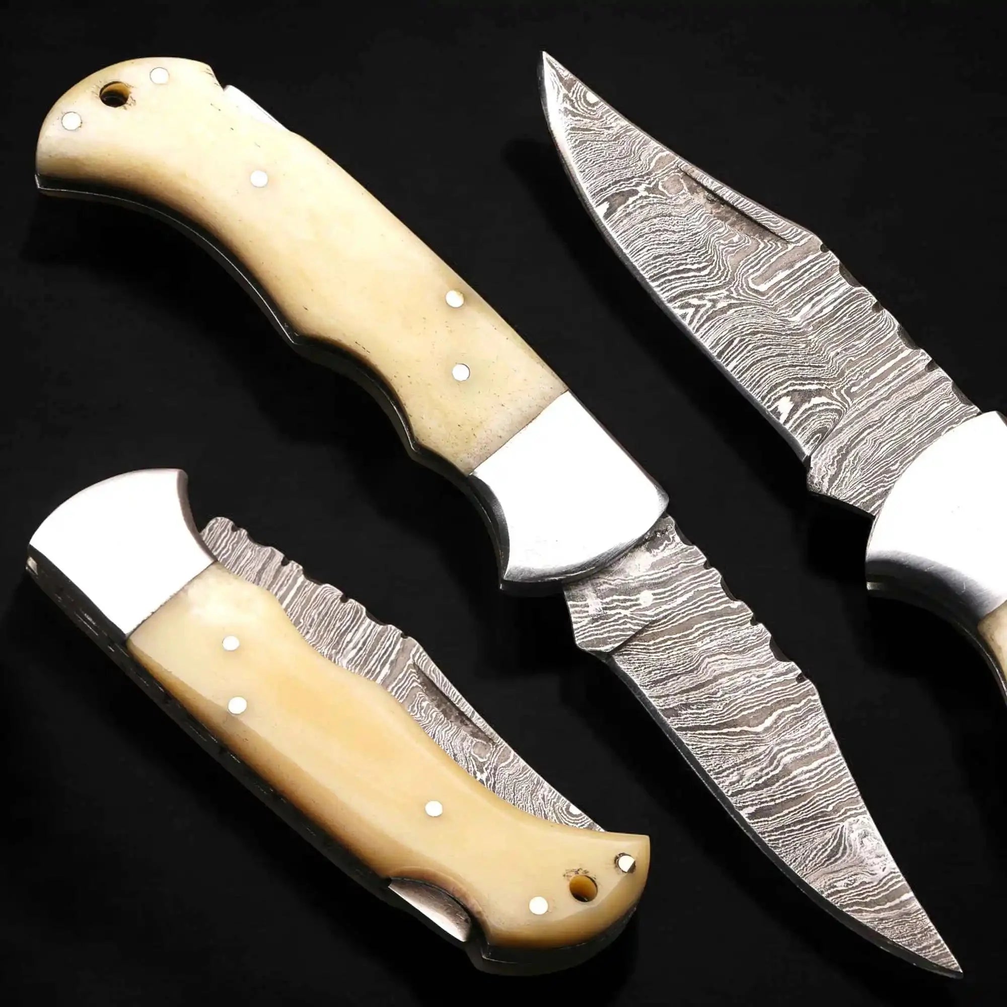 Handmade Damascus Steel Folding Knife – Camel Bone Handle (5 Handle Options)
